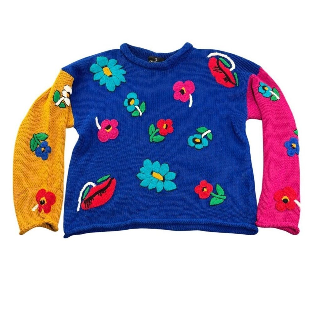 Vintage Carole  Little Knit Sweater Women's Size L Embroidered Floral